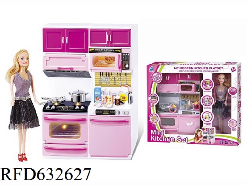 PLAYING HOME - KITCHEN SERIES COMBINATION WITH BARBIE (LIGHTING, MUSIC, AND 3 AG13 ELECTRONICS)