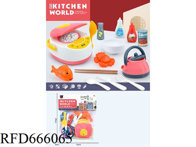 IN THE KITCHEN, WE PLAY HOUSE WITH AN ELECTRIC RICE COOKER, A KETTLE, BOWLS, A CRAB THAT CAN BE CUT,