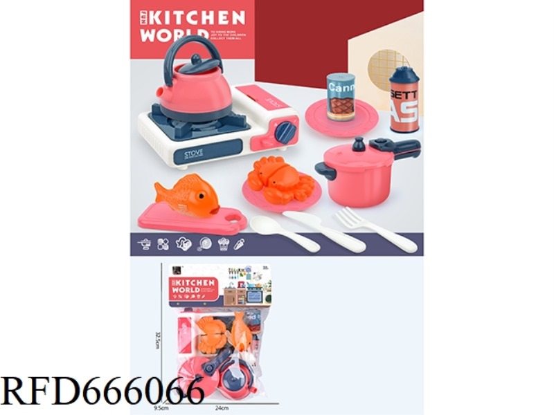 THE KITCHEN FEATURES A GAS STOVE, A PRESSURE COOKER, A KETTLE, FISH THAT CAN BE CUT, AND CRABS THAT