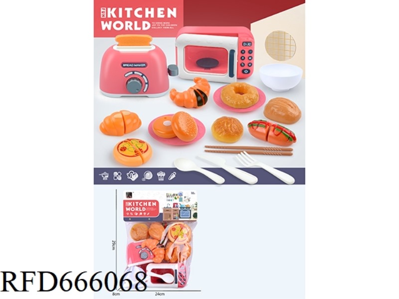 IN THE KITCHEN, WE PLAY HOUSE WITH A MICROWAVE OVEN, A BREAD MACHINE, BOWLS, 5 CUTLABLE BREADS AND 3