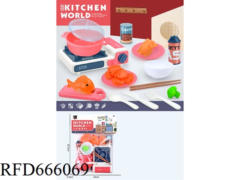 THE KITCHEN FEATURES A GAS STOVE, A SOUP POT, BOWLS, FISH THAT CAN BE CUT, AND CRABS THAT CAN BE CUT