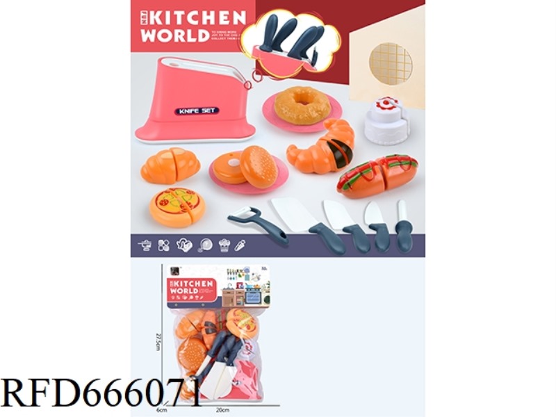 KITCHEN HOUSEPLAY KNIFE HOLDER + 5-PIECE KNIFE SET + CAN CUT CAKE + CAN CUT HAMBURGER + CAN CUT BREA