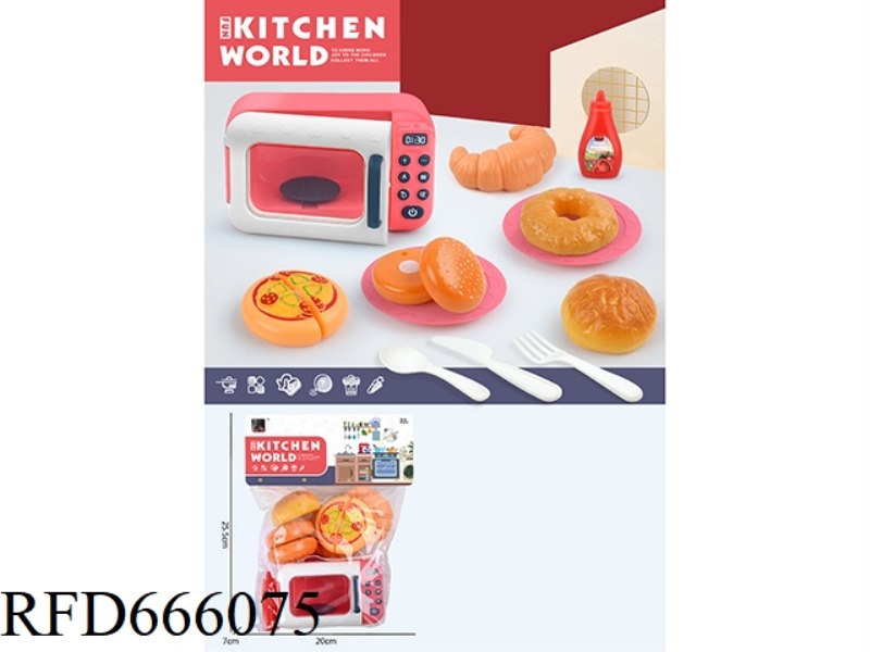 IN THE KITCHEN, PLAY HOUSE WITH A MICROWAVE OVEN, A CUTABLE HAMBURGER, CUTABLE BREAD, AND 3 LOAVES O