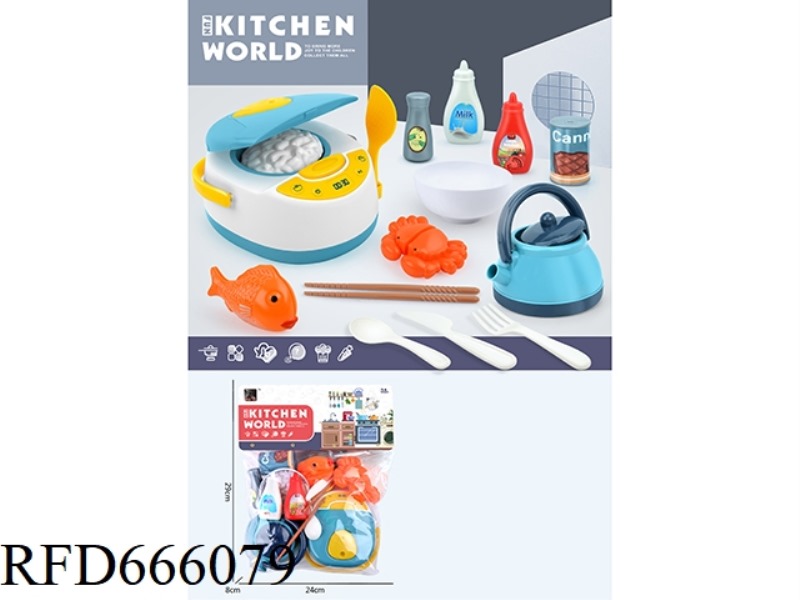 IN THE KITCHEN, WE PLAY HOUSE WITH AN ELECTRIC RICE COOKER, A KETTLE, BOWLS, A CRAB THAT CAN BE CUT,