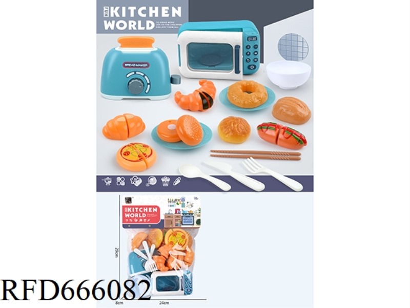 IN THE KITCHEN, WE PLAY HOUSE WITH A MICROWAVE OVEN, A BREAD MACHINE, BOWLS, 5 CUTLABLE BREADS AND 3
