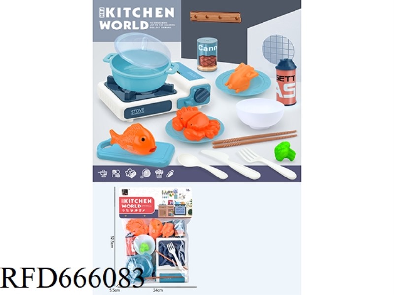 THE KITCHEN FEATURES A GAS STOVE, A SOUP POT, BOWLS, FISH THAT CAN BE CUT, AND CRABS THAT CAN BE CUT
