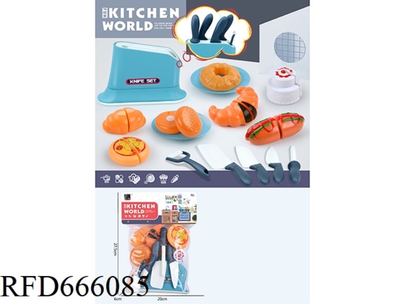 KITCHEN HOUSEPLAY KNIFE HOLDER + 5-PIECE KNIFE SET + CAN CUT CAKE + CAN CUT HAMBURGER + CAN CUT BREA