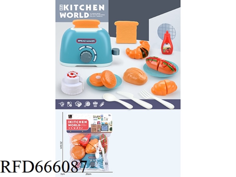 KITCHEN HOUSE PLAY: BREAD MACHINE + CAKE + HAMBURGER + 3 SLICED BREADS + 3 BREADS