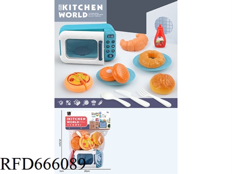 IN THE KITCHEN, PLAY HOUSE WITH A MICROWAVE OVEN, A CUTABLE HAMBURGER, CUTABLE BREAD, AND 3 LOAVES O