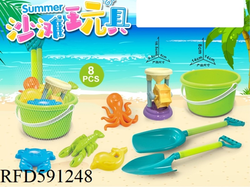 GREEN BUCKET WITH BEACH ACCESSORIES + SMALL HOURGLASS (8PCS)
