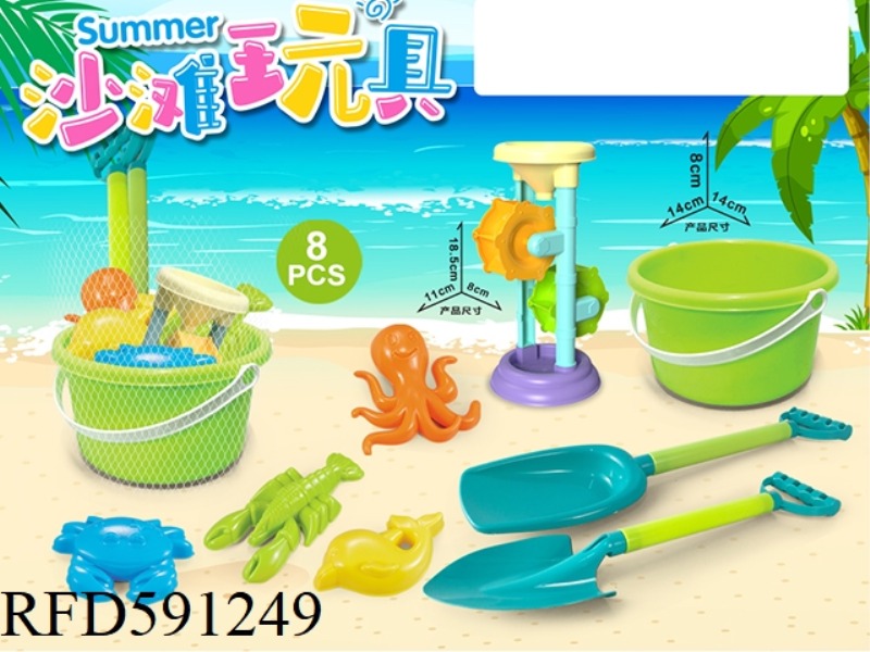 GREEN BUCKET WITH BEACH ACCESSORIES + HOURGLASS (8PCS)