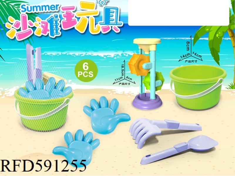 GREEN BUCKET WITH BEACH ACCESSORIES + HOURGLASS (6PCS)