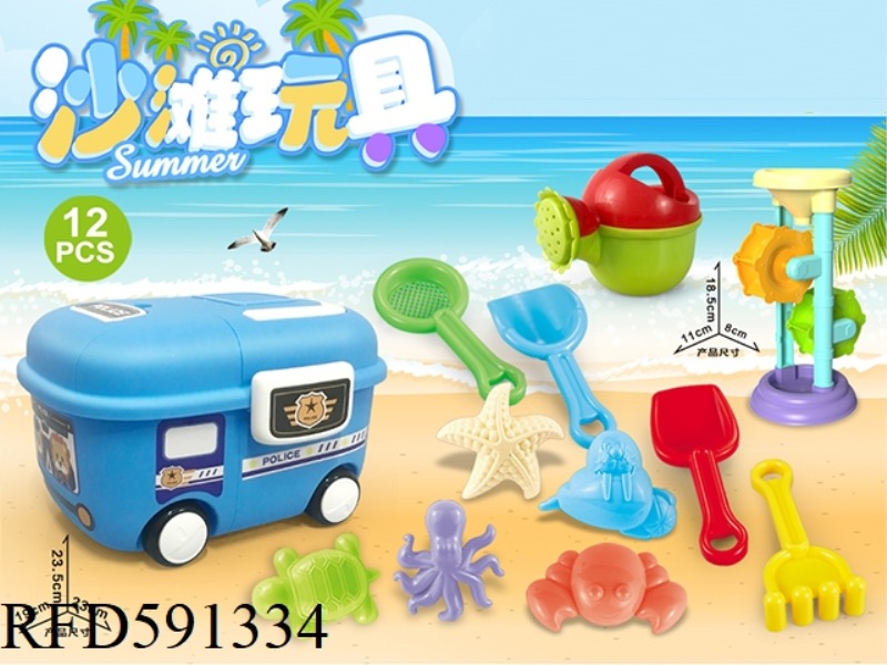 PACKING BOX CAR WITH BEACH ACCESSORIES + HOURGLASS (12PCS)