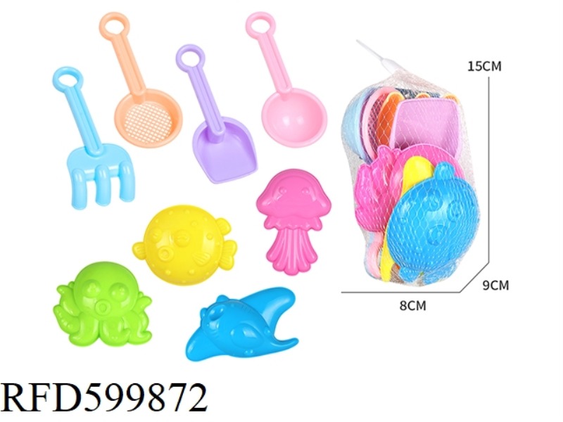 BEACH TOYS, OCTOPUS SICKLE DOLPHIN DEVIL FISH JELLYFISH SAND MOLD SET