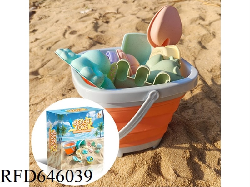 BEACH TOYS ORANGE SET BEACH BUCKET (11-PIECE SET) 1 FOLDING BUCKET +10 PARTS