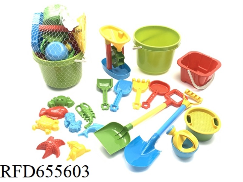 19 SETS OF BEACH TOYS (8 SEAFOOD MODELS, 4 SMALL SPATULA, 1 HOURGLASS, 2 LARGE SPATULA, 1 SQUARE BUC