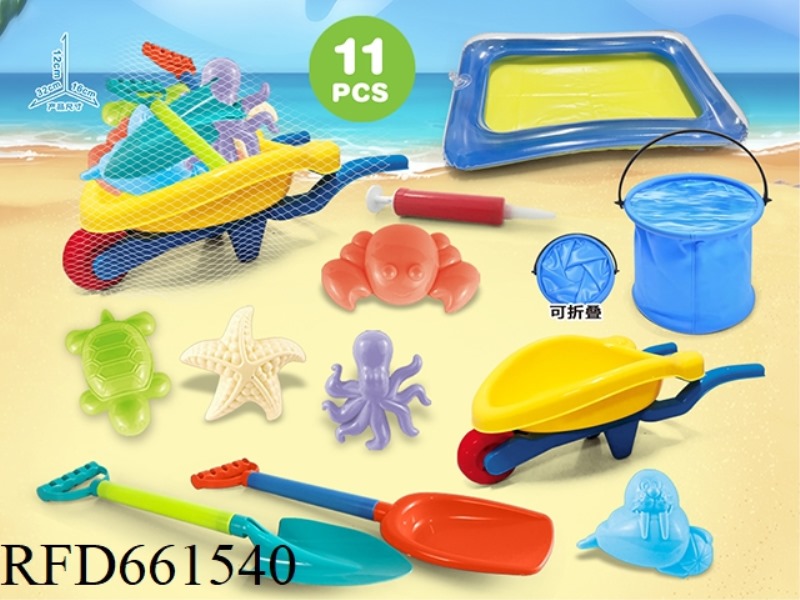 3 WHEELERS WITH BEACH ACCESSORIES + SAND TABLE + FOLDING BUCKET