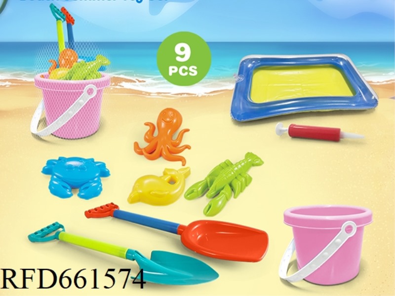 PINK BUCKET WITH BEACH ACCESSORIES + SAND TABLE