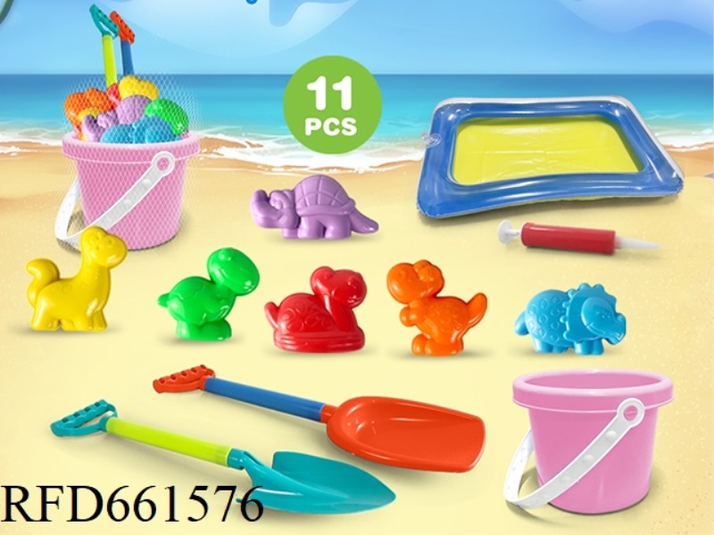 PINK BUCKET WITH DINOSAUR BEACH ACCESSORIES + SAND TABLE