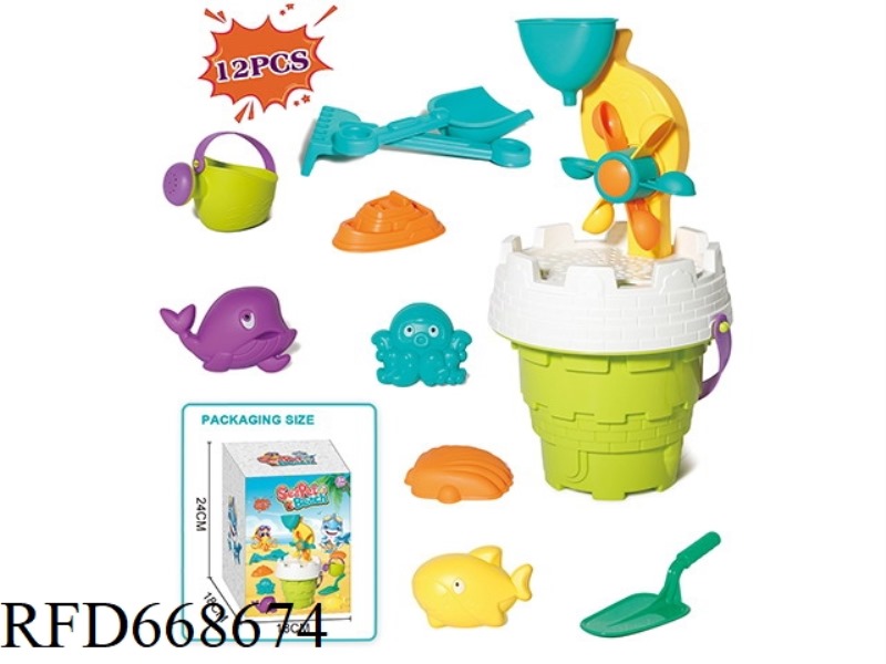 BEACH CASTLE BUCKET WATER LEAK SHARK VERSION 12-PIECE SET