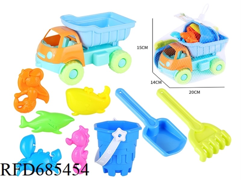BEACH BUGGY, CASTLE BUCKET, MARINE ANIMAL, SAND PRINT, SAND SHOVEL TOOL 9PCS SET