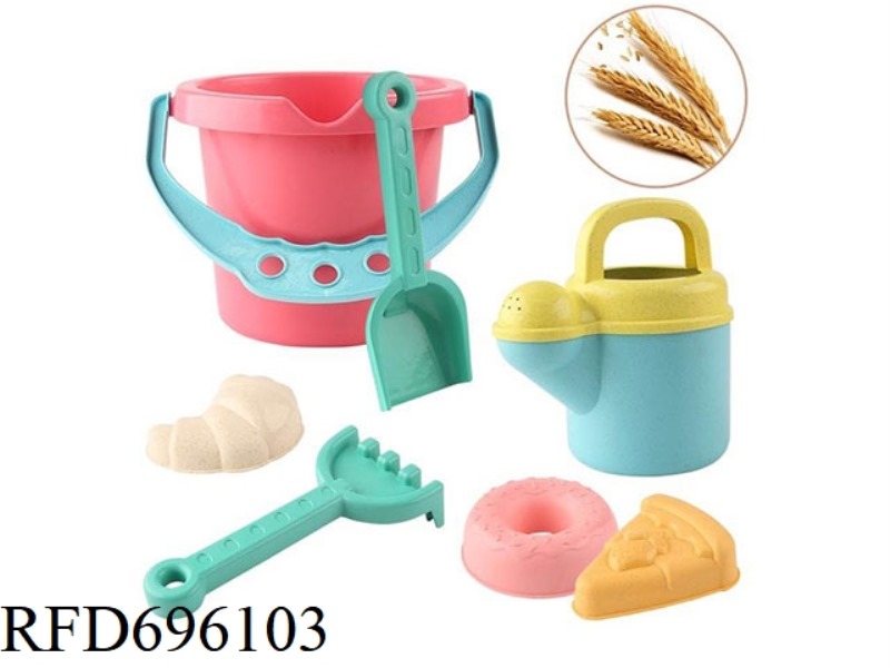 A 7-PIECE DOPAMINE-COLORED STRAW BEACH SET