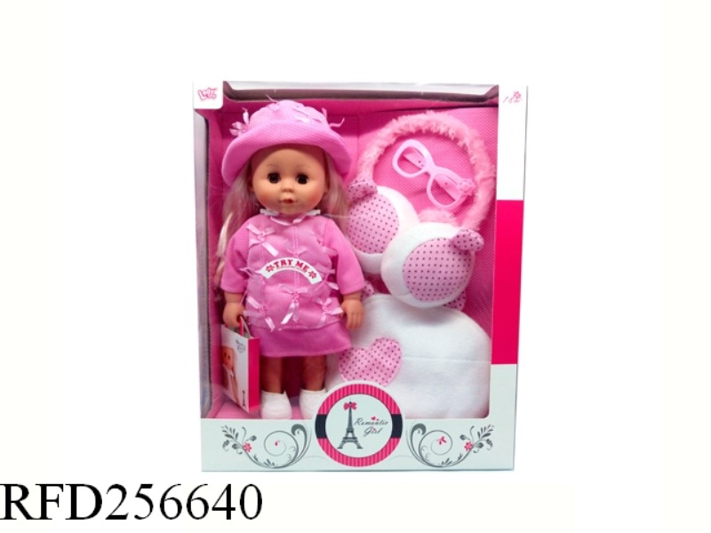 12 INCH 12 SOUND GIRL DOLLS WITH CAP PINK SUIT + EARMUFFS, HANDBAG, ETC