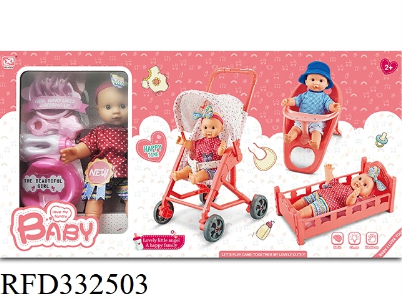 12 INCH COTTON BODY VINYL DOLL + INJECTION CART + DINING CHAIR + BED + ACCESSORIES