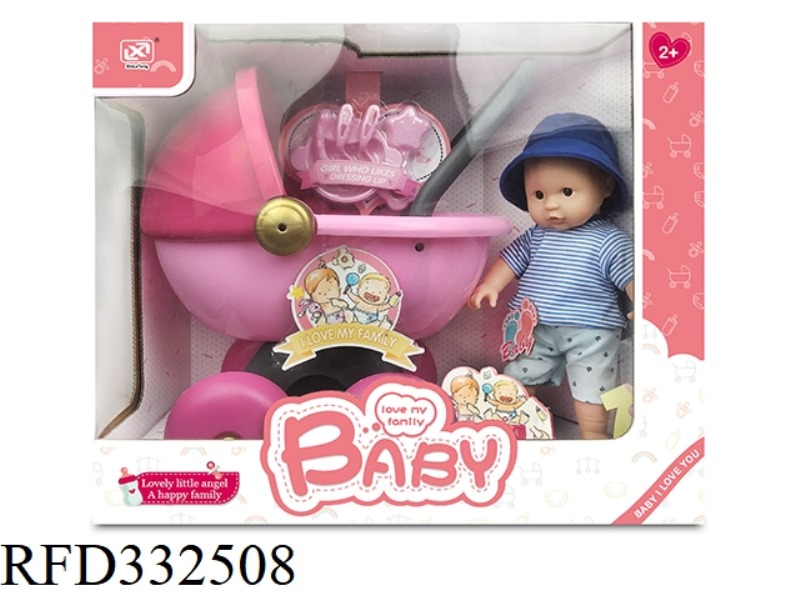 12 INCH COTTON BODY VINYL DOLL + BABY WALKER + ACCESSORIES