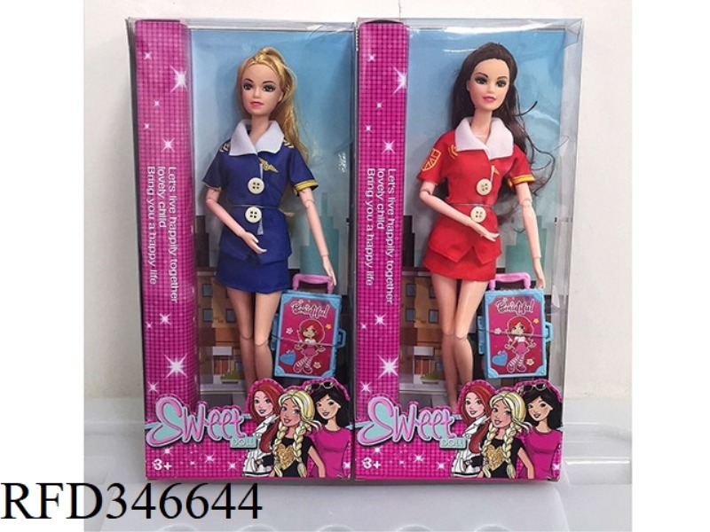 11.5-INCH ELEVEN-JOINT FASHION FLIGHT ATTENDANT BARBIE DOLL + SUITCASE (2 COLORS MIXED RED AND BLUE)
