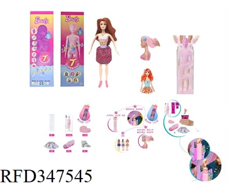 THE FIRST-GENERATION 11.5-INCH REAL BODY SURPRISE COLOR-CHANGING BARBIE. COMES WITH 5 DIFFERENT SURP