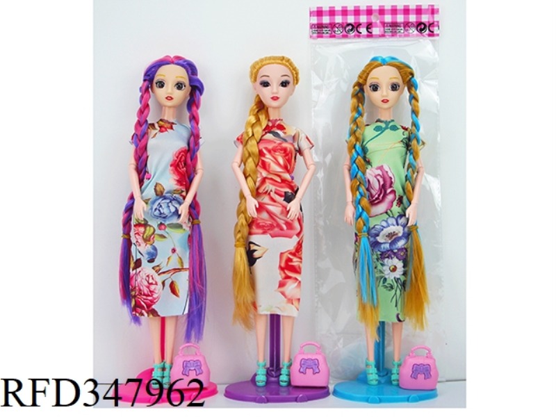 11.5-INCH 11-JOINT SOLID BODY CHEONGSAM BARBIE 2 HAIR STYLE WITH BAG, MULTI-COLOR MIXED