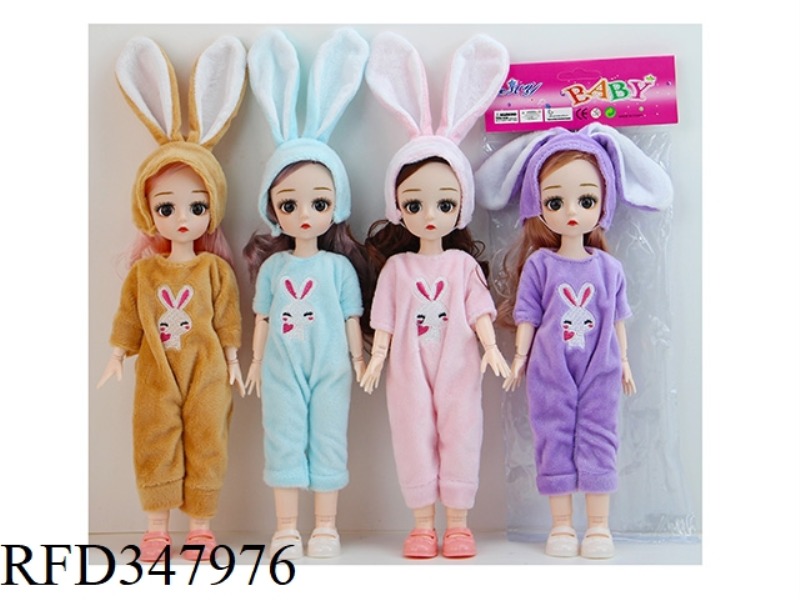 12 INCH SOLID BODY 13 SPHERICAL JOINT 3D REAL EYE BJD DOLL RABBIT EAR COSTUME LOLI FOUR-COLOR MIXED