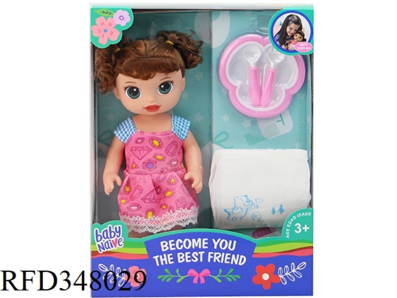 14-INCH VINYL FAT BABY DOLL WITH DINNER PLATE, DIAPERS, FOUR-TONE IC WINDOW BOX (MULTIPLE CLOTHES MI
