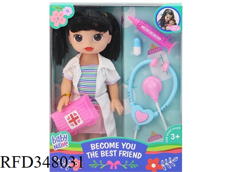 14 INCH HOLLOW BODY STRAIGHT FOOT FAT BOY DOLL DOCTOR WITH STETHOSCOPE MUSIC IC WINDOW BOX