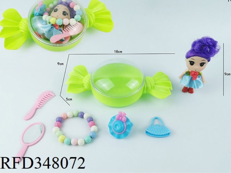 EXQUISITE CANDY BOX PLUS TWO AND A HALF INCH CONFUSED DOLL PLUS COMB, MIRROR, BAG, HAT AND HAIRPIN,