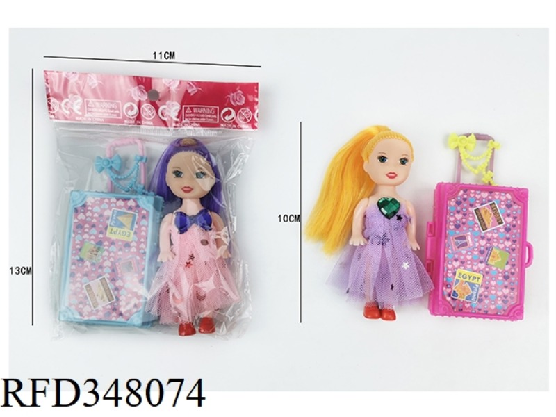 THREE-INCH SOLID BODY LONG-HAIRED LITTLE KELLY DOLL WITH CHEST ORNAMENTS AND SUITCASE
