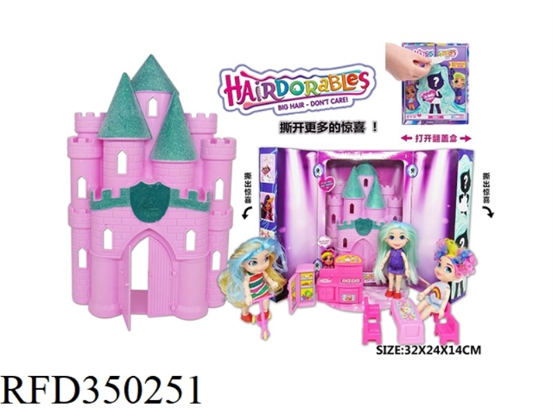 6.5 INCH SIMULATION HAIRDRESSING DOLL + MYSTERY STAGE GOLD POWDER CASTLE WITH PRINCESS SOFA KITCHEN