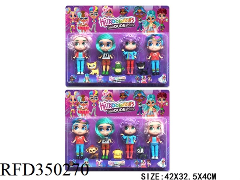 6.5 INCH HAIRDRESSING DOLL (VINYL HEAD, ARTIFICIAL HAIR) 4 PCS + 3 VINYL PETS 2 CARDS