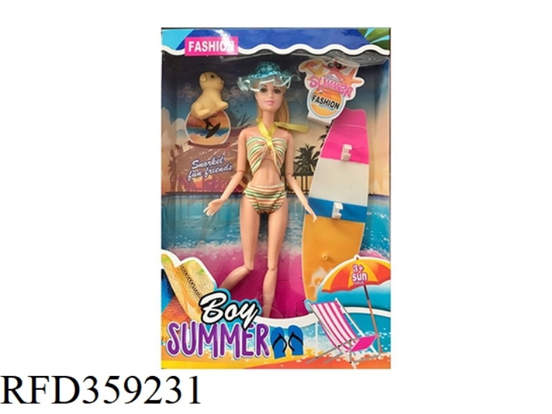 11.5 INCH SOLID BODY 12 JOINT SUMMER SWIMSUIT BARBIE WITH PUPPY AND SURFBOARD