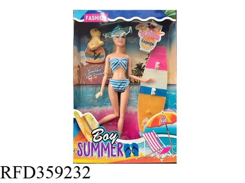11.5 INCH SOLID BODY 12 JOINT SUMMER SWIMSUIT BARBIE WITH PUPPY AND SURFBOARD