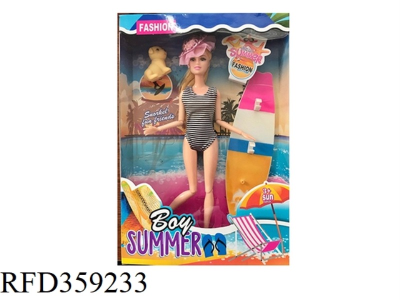 11.5 INCH SOLID BODY 12 JOINT SUMMER SWIMSUIT BARBIE WITH PUPPY AND SURFBOARD