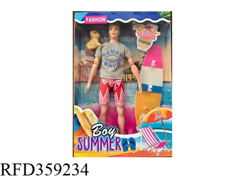 11.5 INCH SOLID BODY 12 JOINT SUMMER BEACH MEN'S BARBIE WITH PUPPY AND SURFBOARD