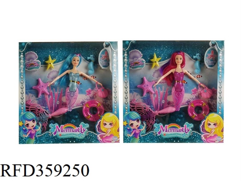 11.5 INCH SOLID MERMAID BARBIE WITH STARFISH, SEAHORSE, SWIMMING RING, 2 COLORS MIXED