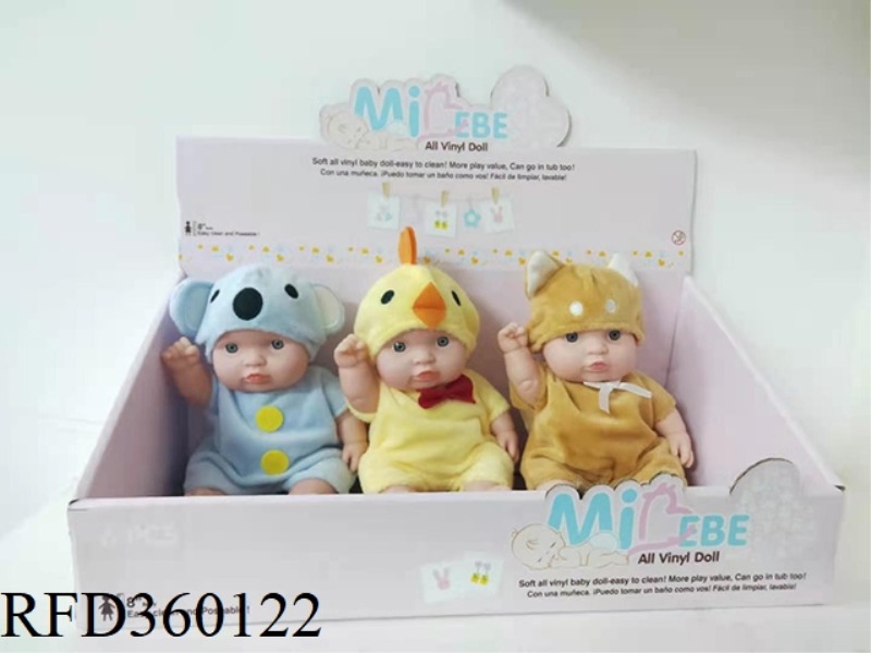 6 8-INCH DOLLS IN VINYL PACKS (BLUE BEAR, LITTLE YELLOW DUCK AND PUPPY)