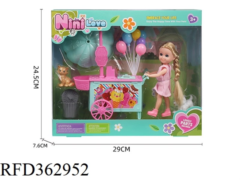 6 INCH DOLL BARBIE WITH ICE CREAM CART, BALLOON TRASH CAN FOR CATS AND DOGS