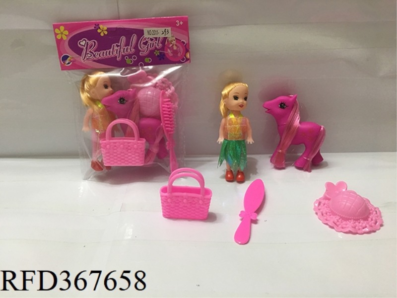 3 INCH SMALL BARBIE WITH SUGAR GUM HORSE + 3 PIECE SET