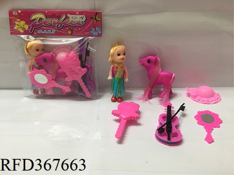 3 INCH SMALL BARBIE WITH SUGAR GUM HORSE + 4 PIECE SET