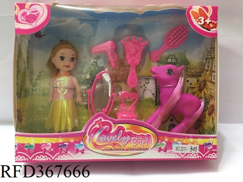 3 INCH SMALL BARBIE WITH SUGAR GUM HORSE + 5 PIECE SET