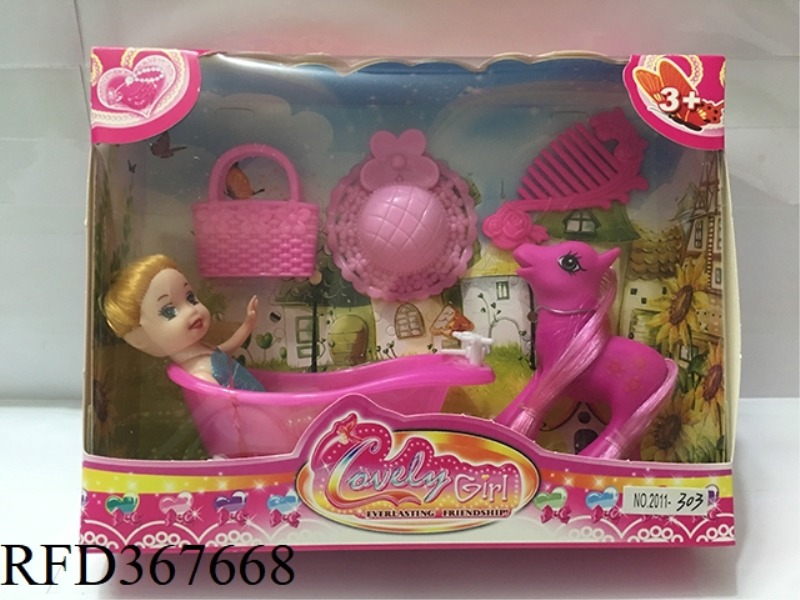 3 INCH SMALL BARBIE WITH SUGAR GUM HORSE + 4 PIECE SET